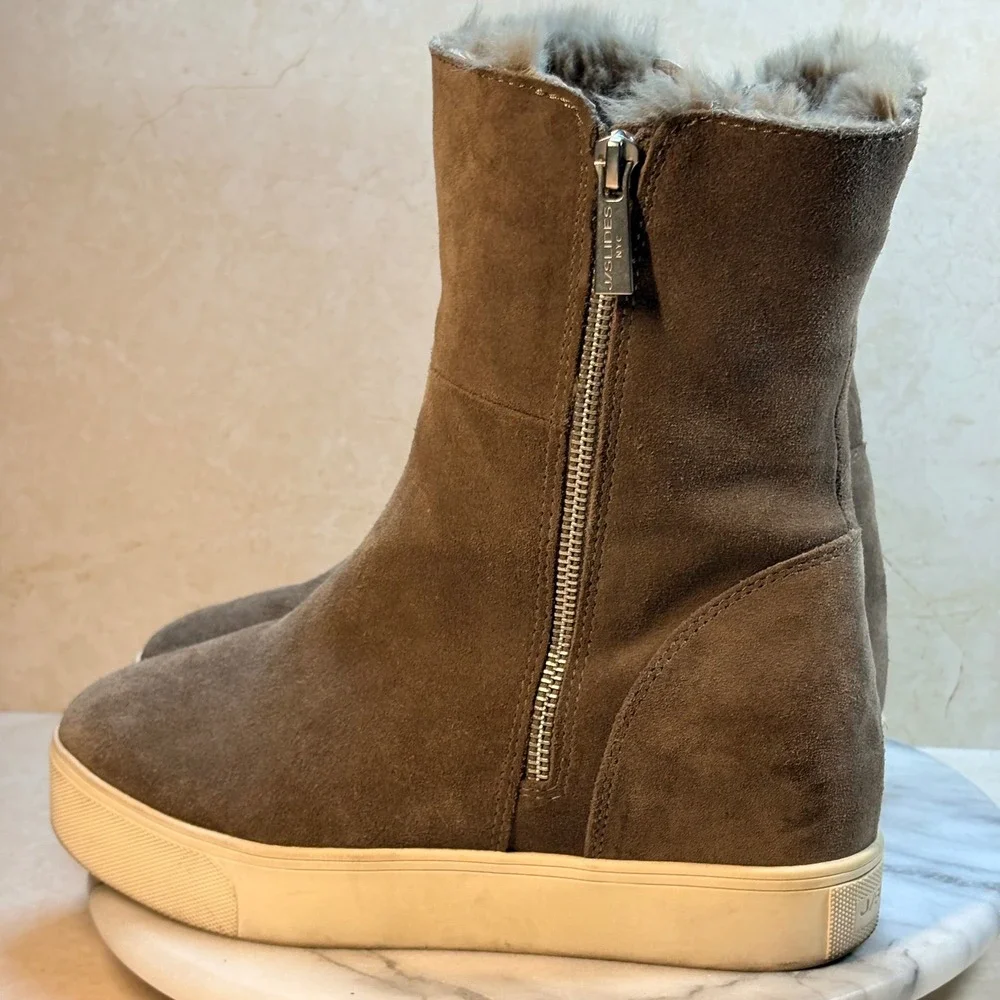 J Slides NYC Winnie Taupe Suede Fur Lined Wedge Heel Boots Women‎ Size 8M Winter